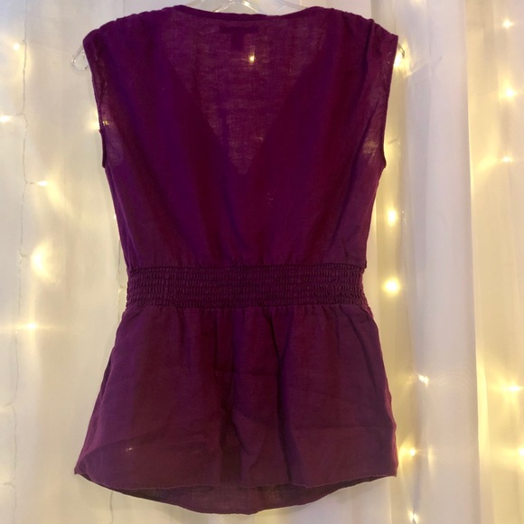 Purple 100% Linen Smocked Waist Blouse Career Top - Picture 4 of 8